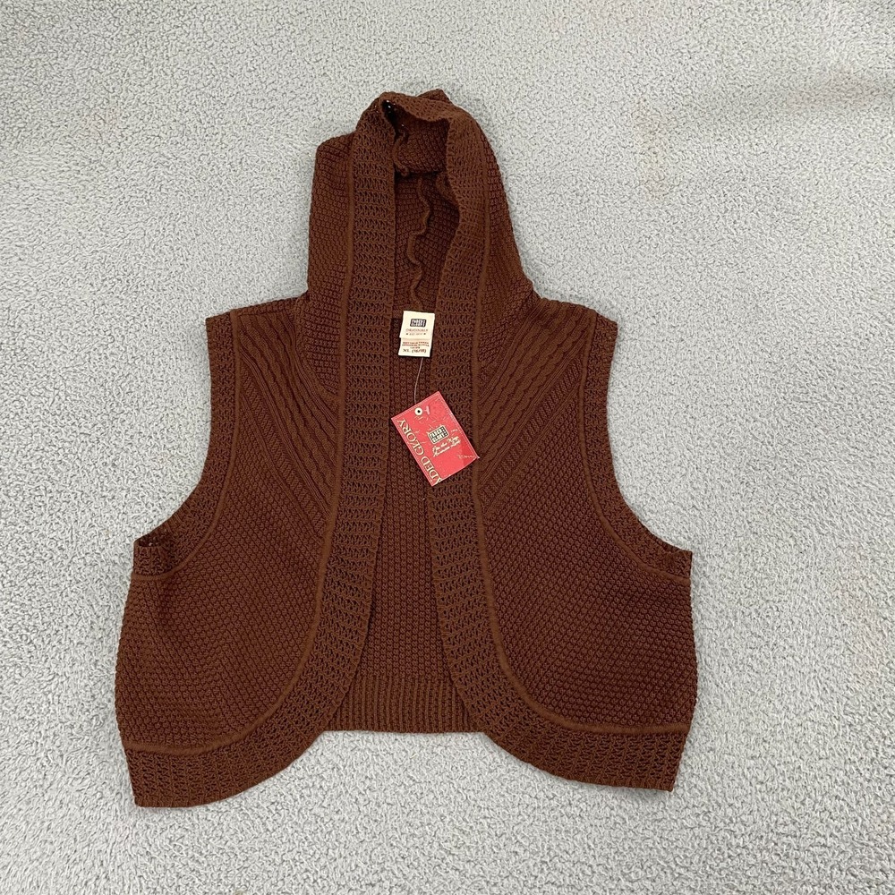 VTG Faded Glory Cardigan Women XL Brown Cable Hooded‎ Cropped Y2K Sweater NWT